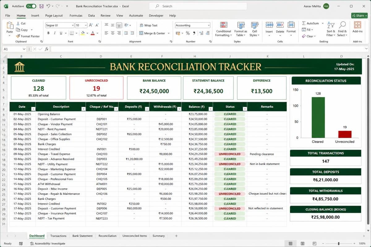 Bank reconciliation dashboard included in the bookkeeping toolkit