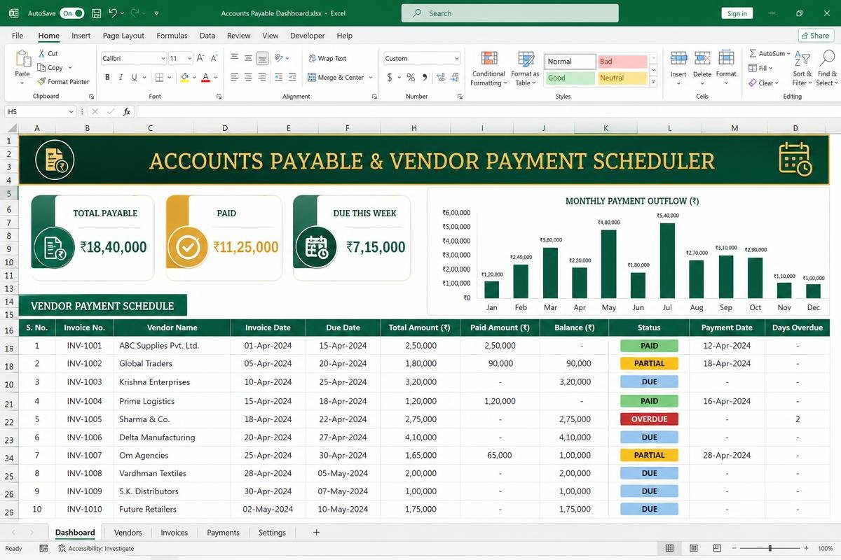 AP & Vendor Payment Scheduler — Every due date, paid, partial and overdue in one view
