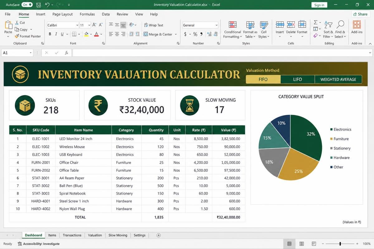 Inventory Valuation Calculator — FIFO, LIFO and weighted average on one toggle