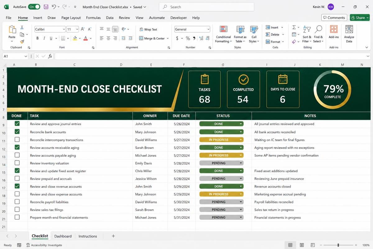 Month-End Close Checklist — Owners, due dates and a completion bar that never lies