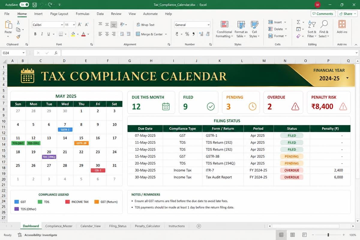 Tax Compliance Calendar — GST, TDS and income tax dates with penalty risk