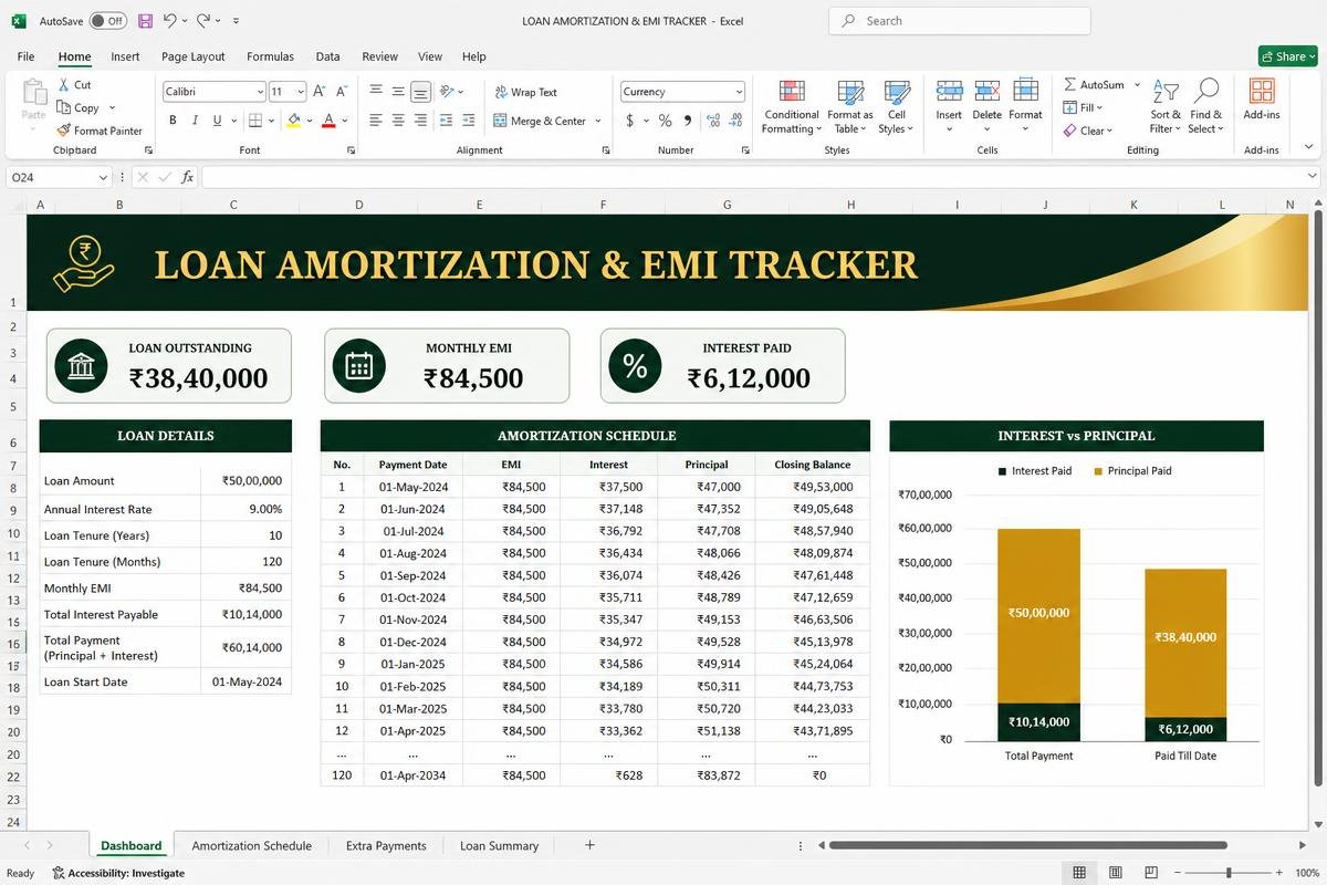 Loan Amortization & EMI Tracker — Interest and principal split for every instalment
