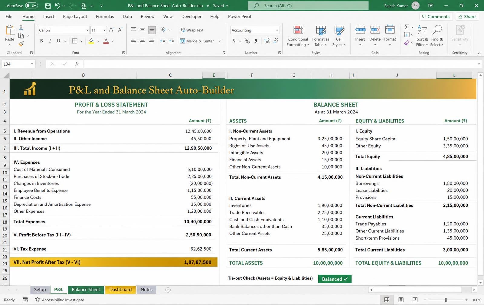 P&L and balance sheet auto-builder dashboard